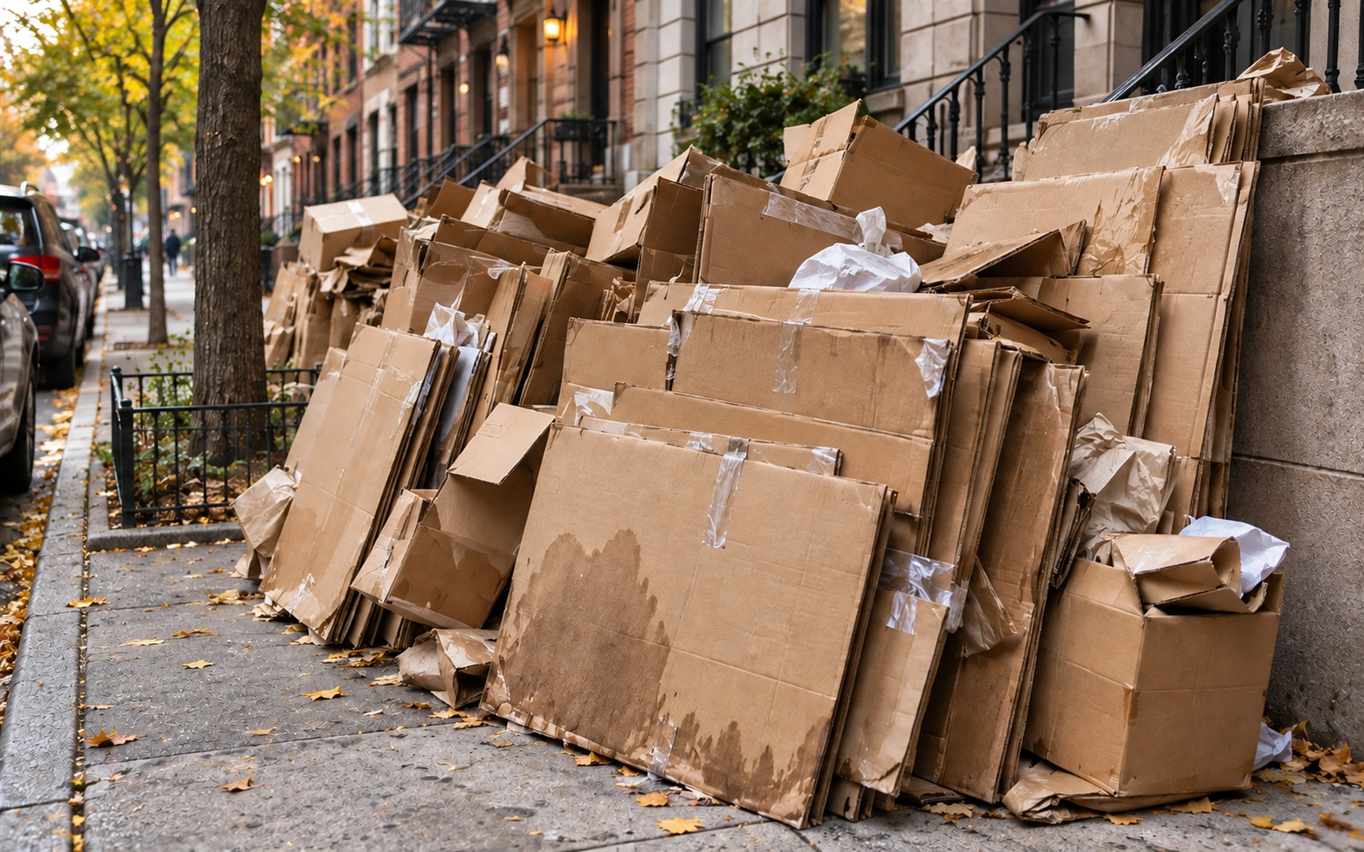 Pile of flattened, torn cardboard moving boxes left on a New York City sidewalk after a move
